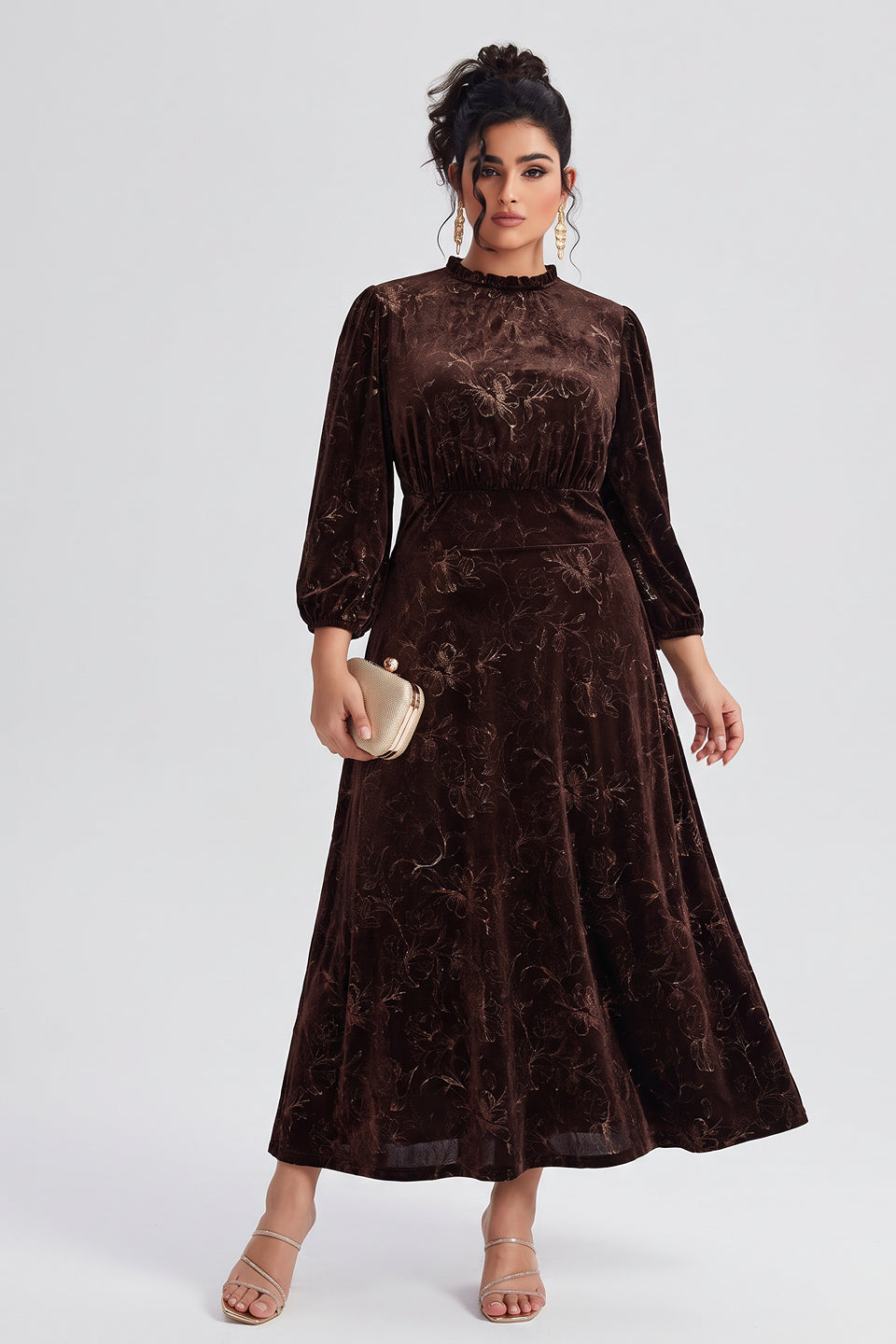Curveins Plus Size Long Sleeve Velvet Patterned Elegant Flattering Maxi Dress