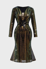 Curveins Plus Size V-Neck Long Sleeve Sequin Spider Stripe Waist Midi Dress