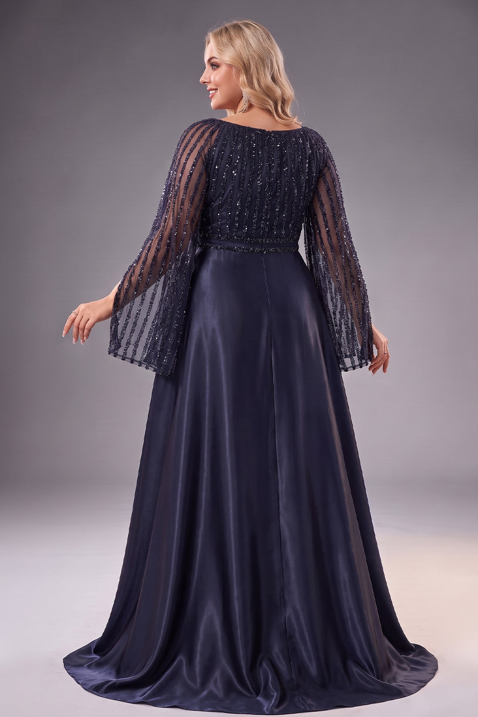 Curveins Plus Size Crew Neck Long Sleeve Sequin Panelled Elegant Evening Maxi Dress
