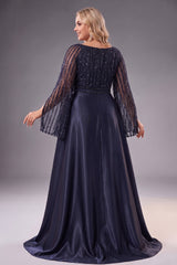 Curveins Plus Size Crew Neck Long Sleeve Sequin Panelled Elegant Evening Maxi Dress