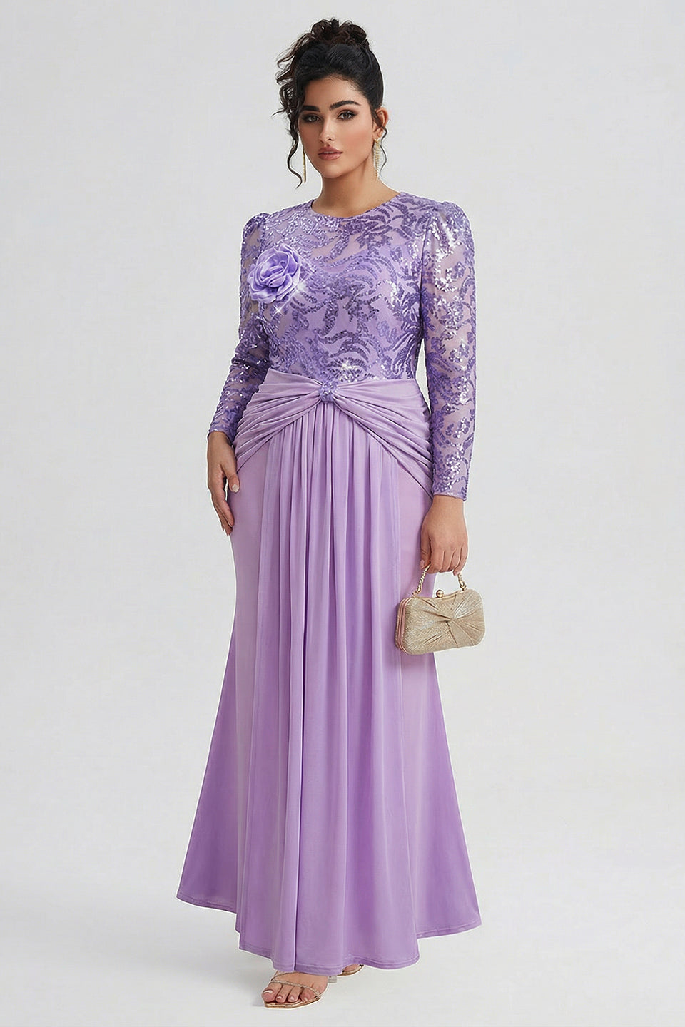 Curveins Plus Size Long Sleeve Lace Patchwork Sequin Maxi Dress with Round Neck