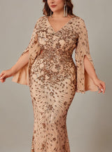 Curveins Plus Size V-Neck Long Sleeves Sequin Floral Bodycon Maxi Dress