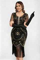 Curveins 1920s Black Daisy Plus Size Vintage Beaded Tassel Flapper Dress