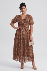 Curveins Plus Size V Neck Short Sleeve Floral Ruched Waist Flowy Elegant Maxi Dress