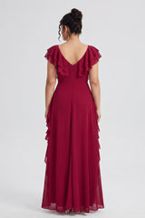 Curveins Plus Size V Neck Short Sleeve Pleated Waist Flowy Tiered Maxi Dress