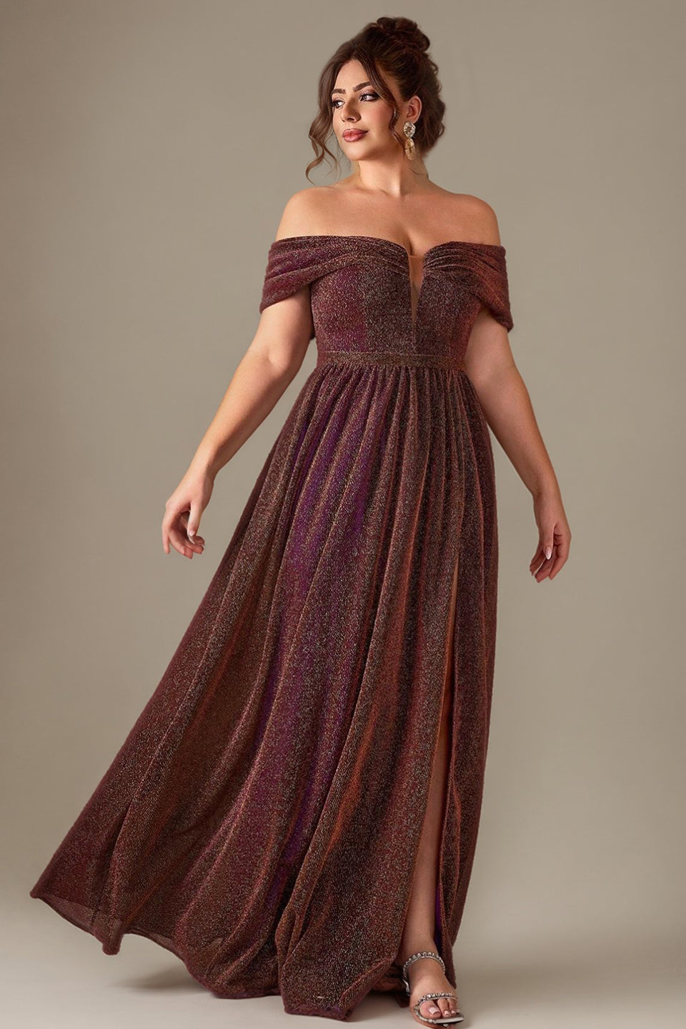 Curveins Plus Size Off-Shoulder Sequin Slit Evening Gown