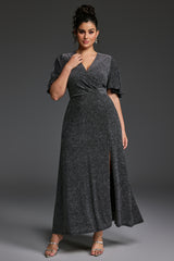 Curveins Plus Size V-Neck Ruffle Sleeve Maxi Dress