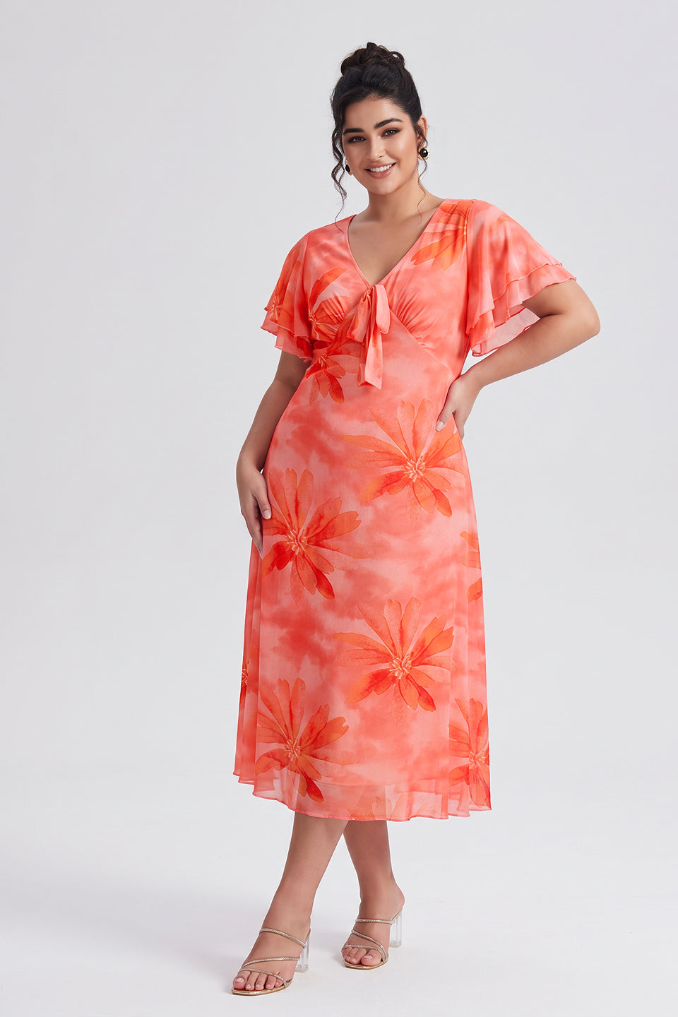 Curveins Plus Size V Neck Batwing Sleeve Flowy Elegant Midi Dress