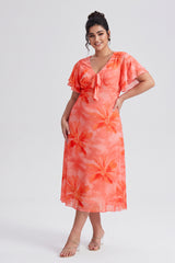 Curveins Plus Size V Neck Batwing Sleeve Flowy Elegant Midi Dress