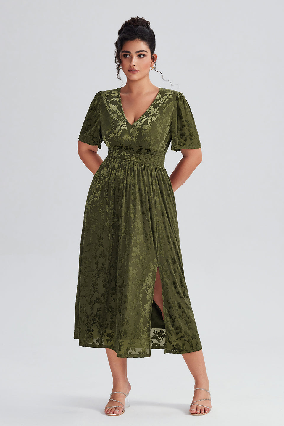 Curveins Plus Size Velvet V-Neck Elegance Plain Maxi Dress