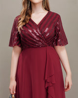 Plus Size V-Neck Batwing Sleeve Sequin Panel High Waist Elegant Maxi Dress