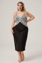 Curveins Plus Size Elegant Satin Lace Trim Slip Dress Sleepwear Long Gown