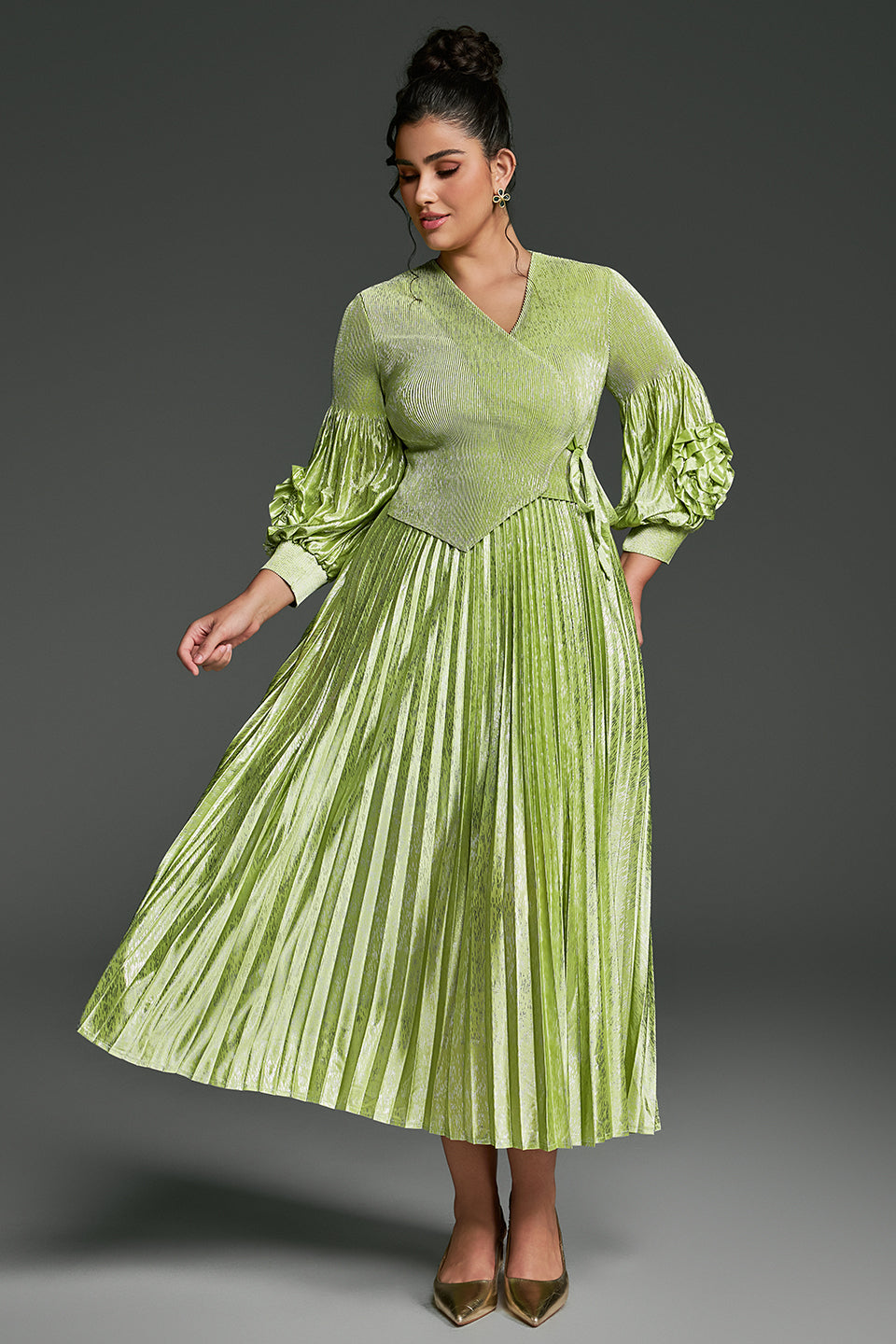 Curveins Plus Size V-Neck Long Sleeve Waist Tie Pleated Maxi Dress