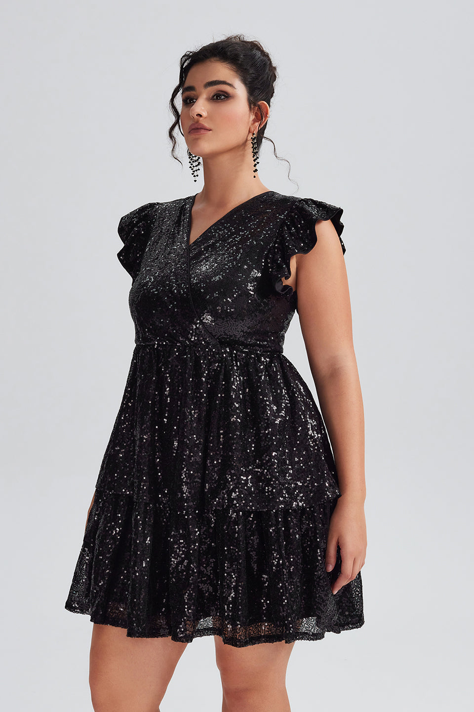 Curveins Plus Size Flutter Sleeve Patchwork Sequin Dress