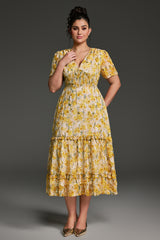 Curveins Plus Size V-Neck Floral Ruffle Sleeve Maxi Dress