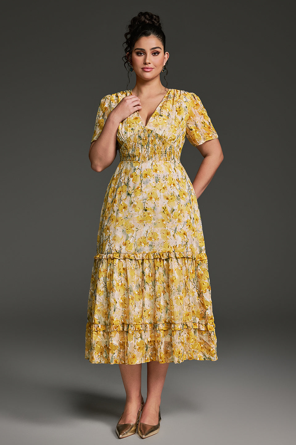 Curveins Plus Size V-Neck Floral Ruffle Sleeve Maxi Dress