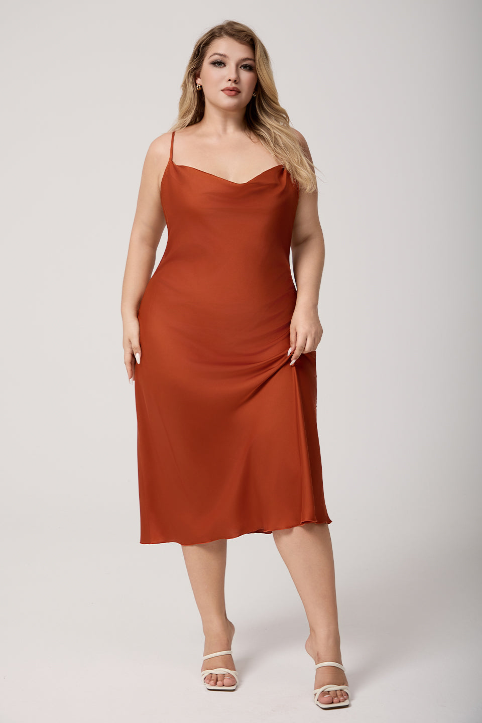 Curveins Plus Size Satin Cowl Neck Spaghetti Strap Loose Fit Sleep Dress