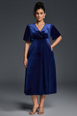 Curveins Plus Size Velvet V-Neck Ruched Hem Maxi Dress