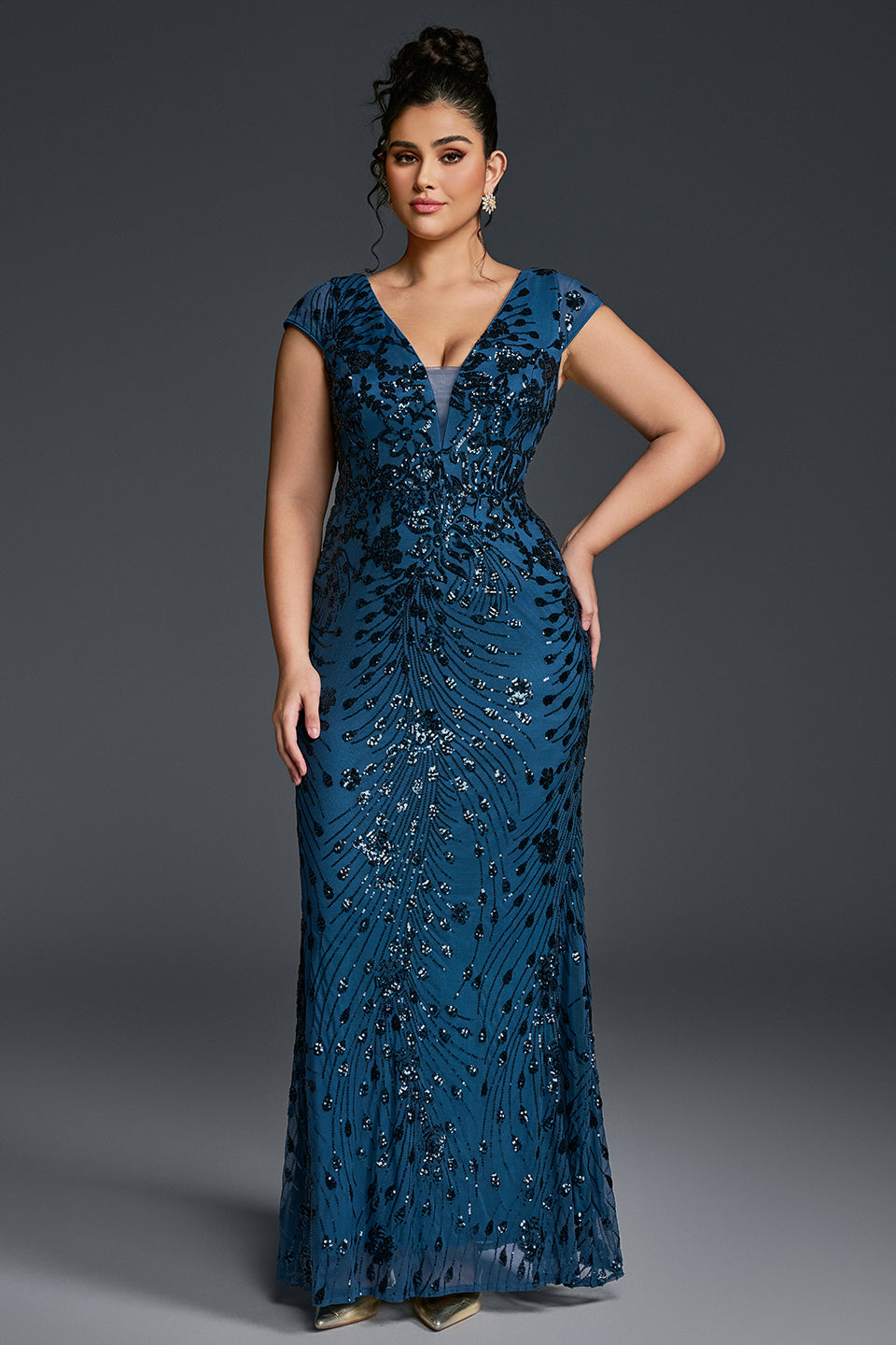 Curveins Plus Size One-Shoulder Side Slit and Waist Cinch Maxi Dress