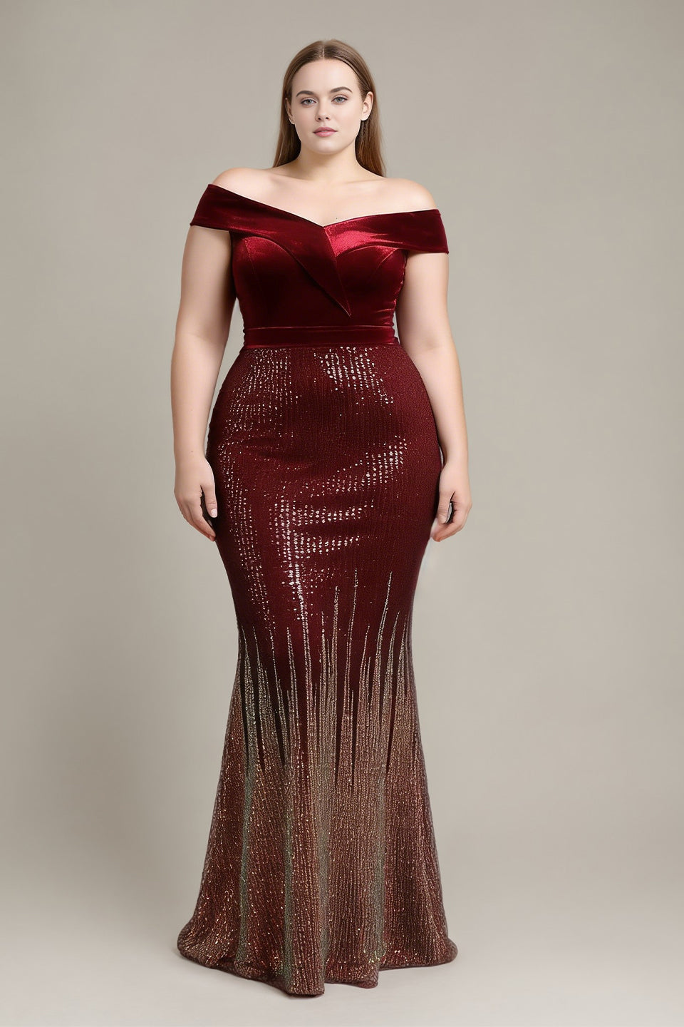 Curveins Plus Size Elegant Off-Shoulder Velvet Fishtail Long Dress