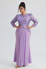 Curveins Plus Size Long Sleeve Lace Patchwork Sequin Maxi Dress with Round Neck