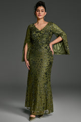 Curveins Plus Size V-Neck Long Sleeves Sequin Floral Bodycon Maxi Dress