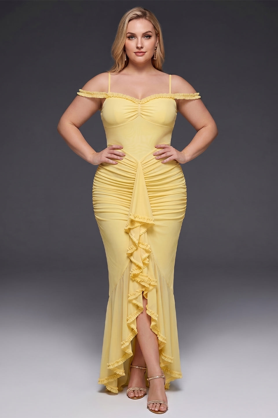 Curveins Plus Size Off Shoulder Strap Maxi Dress with Asymmetrical Hem Elegant Style