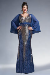 Curveins Plus Size Sparkling V-Neck Batwing Long-Sleeve Curve-Fit Maxi Dress