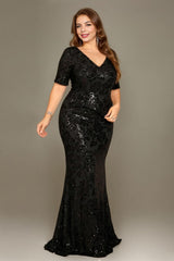 Curveins Plus Size V Neck Short Sleeve Bodycon Sequin Floral Maxi Dress