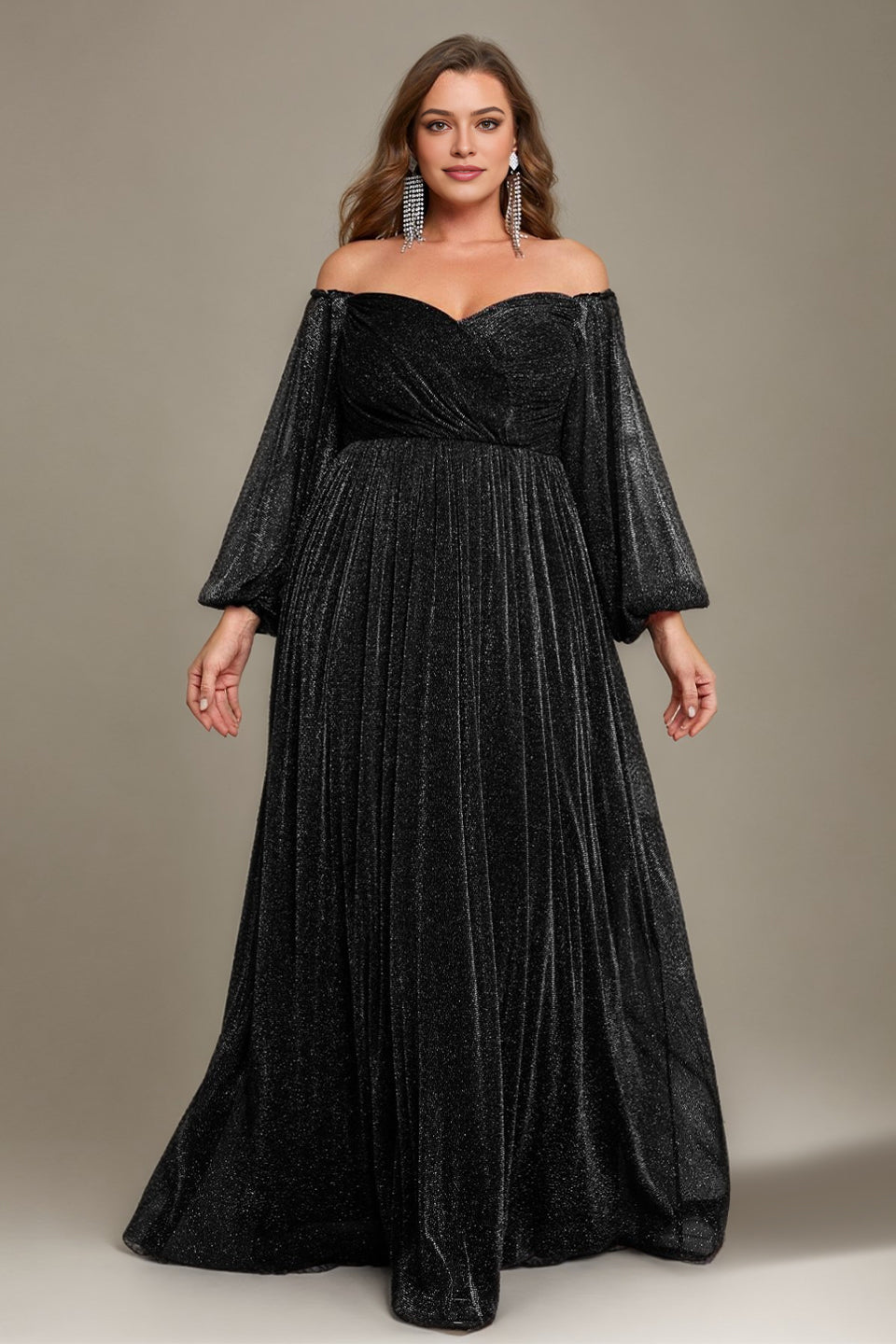 Curveins Plus Size Elegant Off-Shoulder Long Sleeve Minimal Maxi Dress