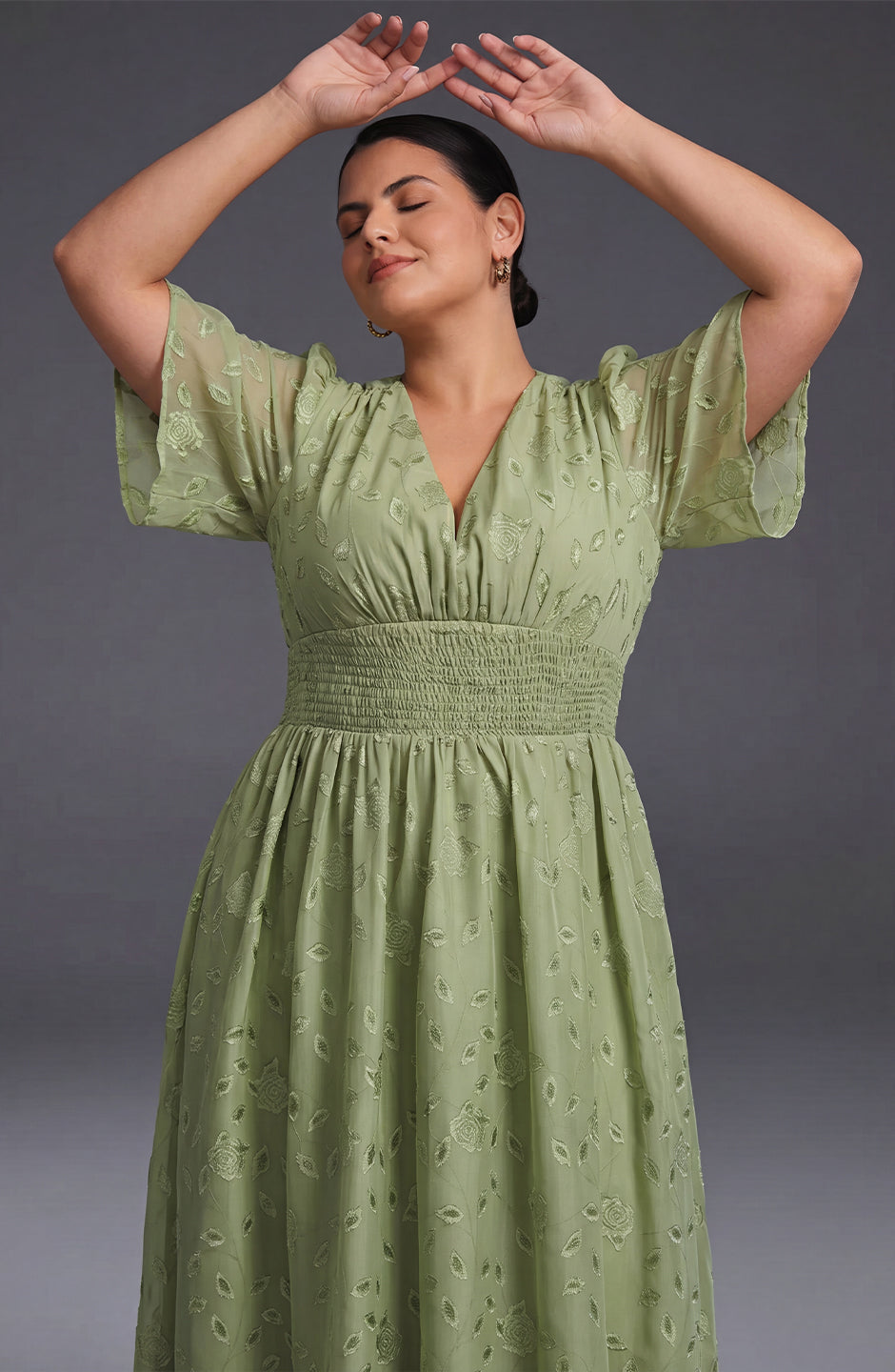 Curveins Plus Size V-Neck High-Waist Pleated Maxi Dress