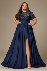 Curveins Plus Size Round Neck Embroidered Sequin-Detail Split Long Dress