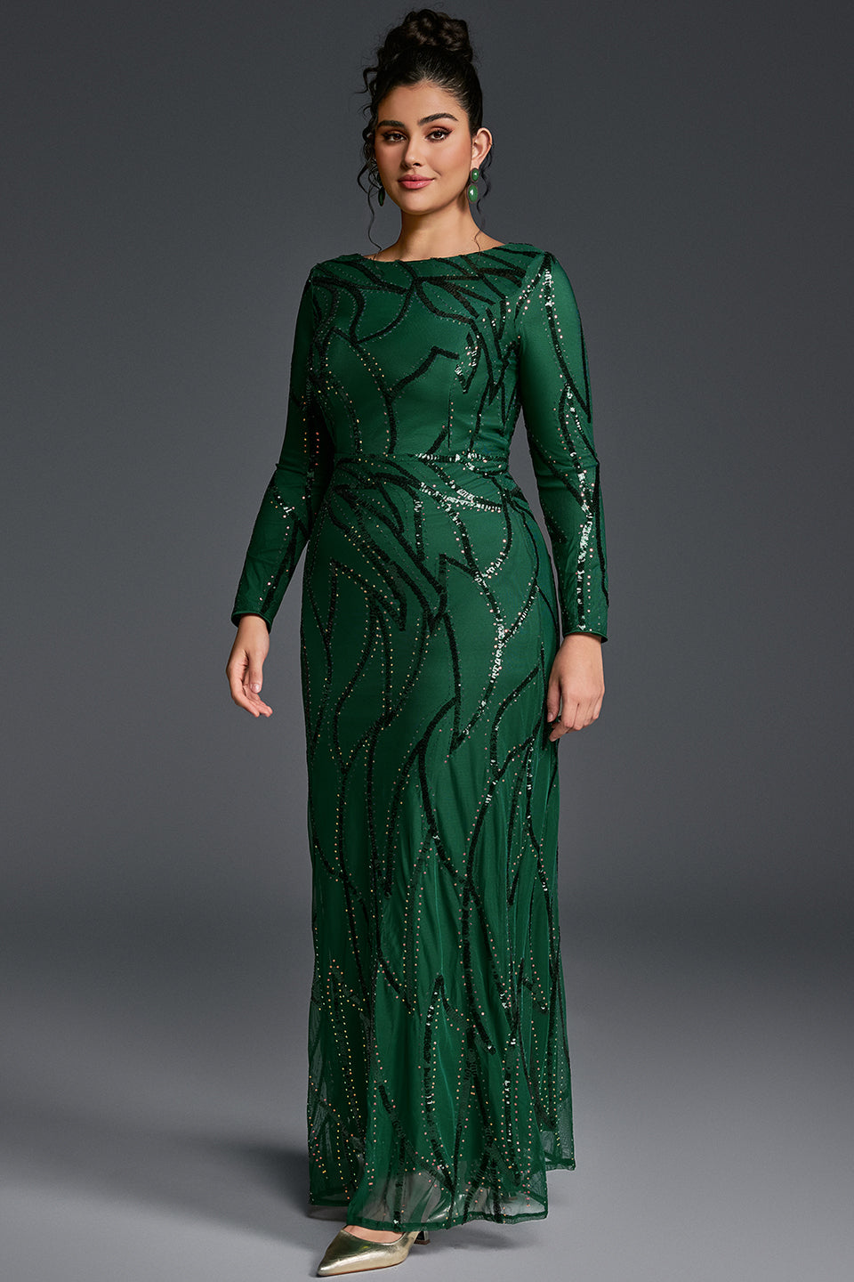 Curveins Plus Size Round Neck Long Sleeve Textured Sequin Bodycon Maxi Dress