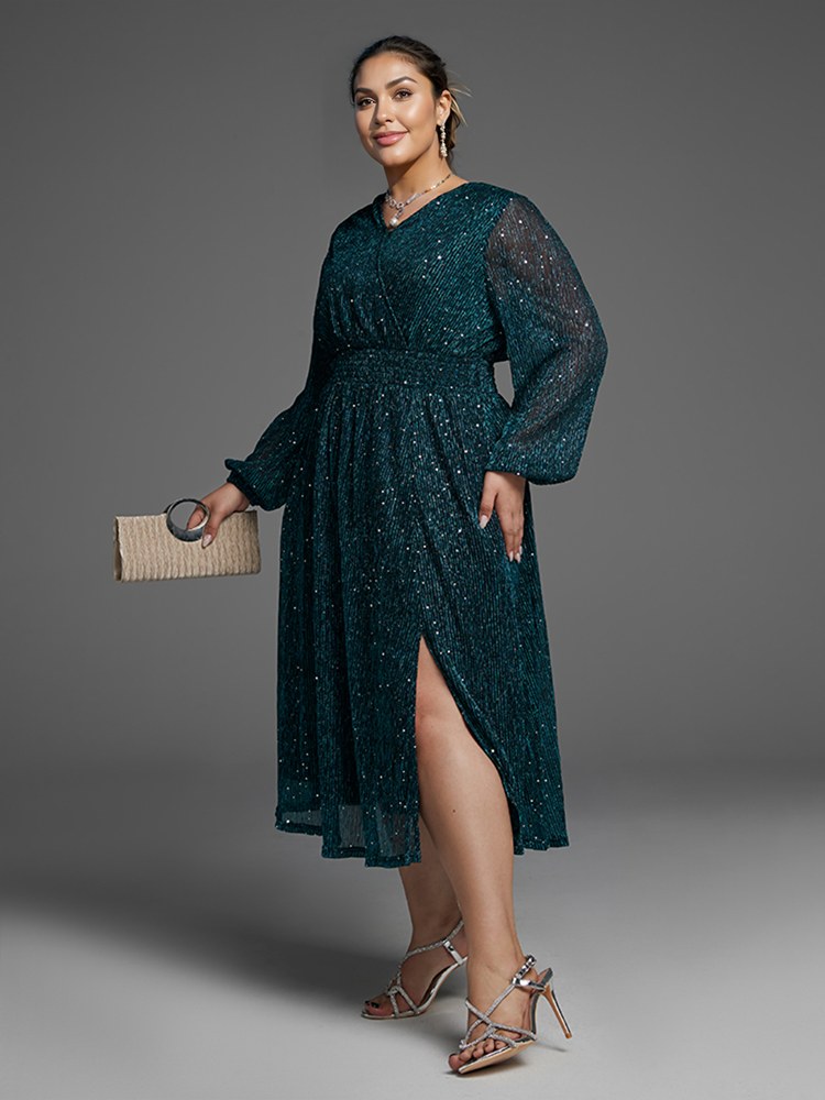 Curveins  Plus Size Pocket Patchwork Mesh Sequin Slit Midi Dress