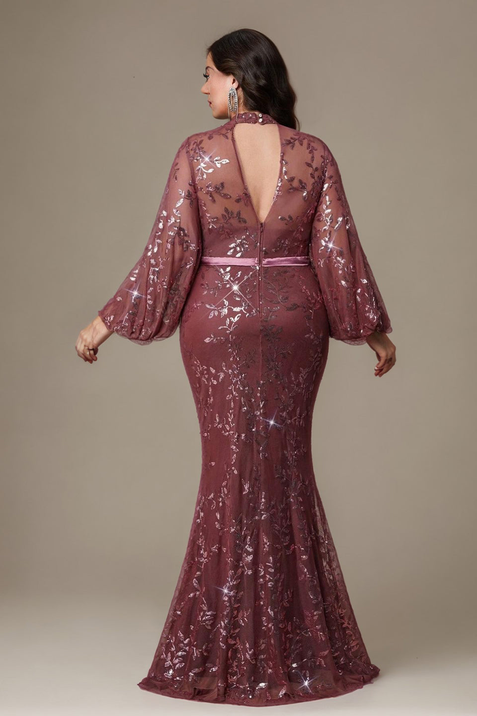 Curveins Plus Size High Neck Lantern Sleeve Embroidered Bodycon Maxi Dress