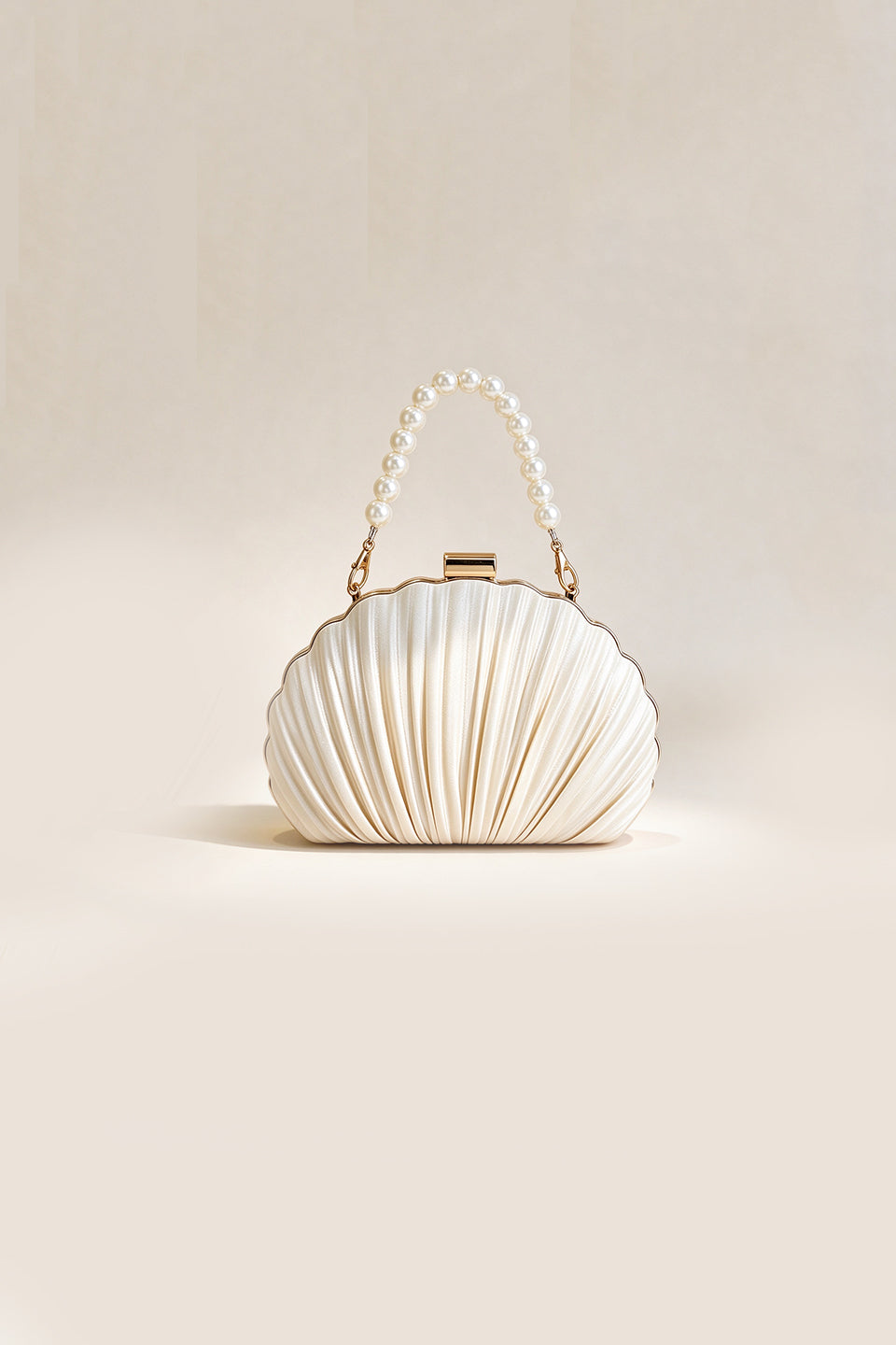 Curveinse Beige Shell Pearl Embellished Elegant Evening Clutch Bag
