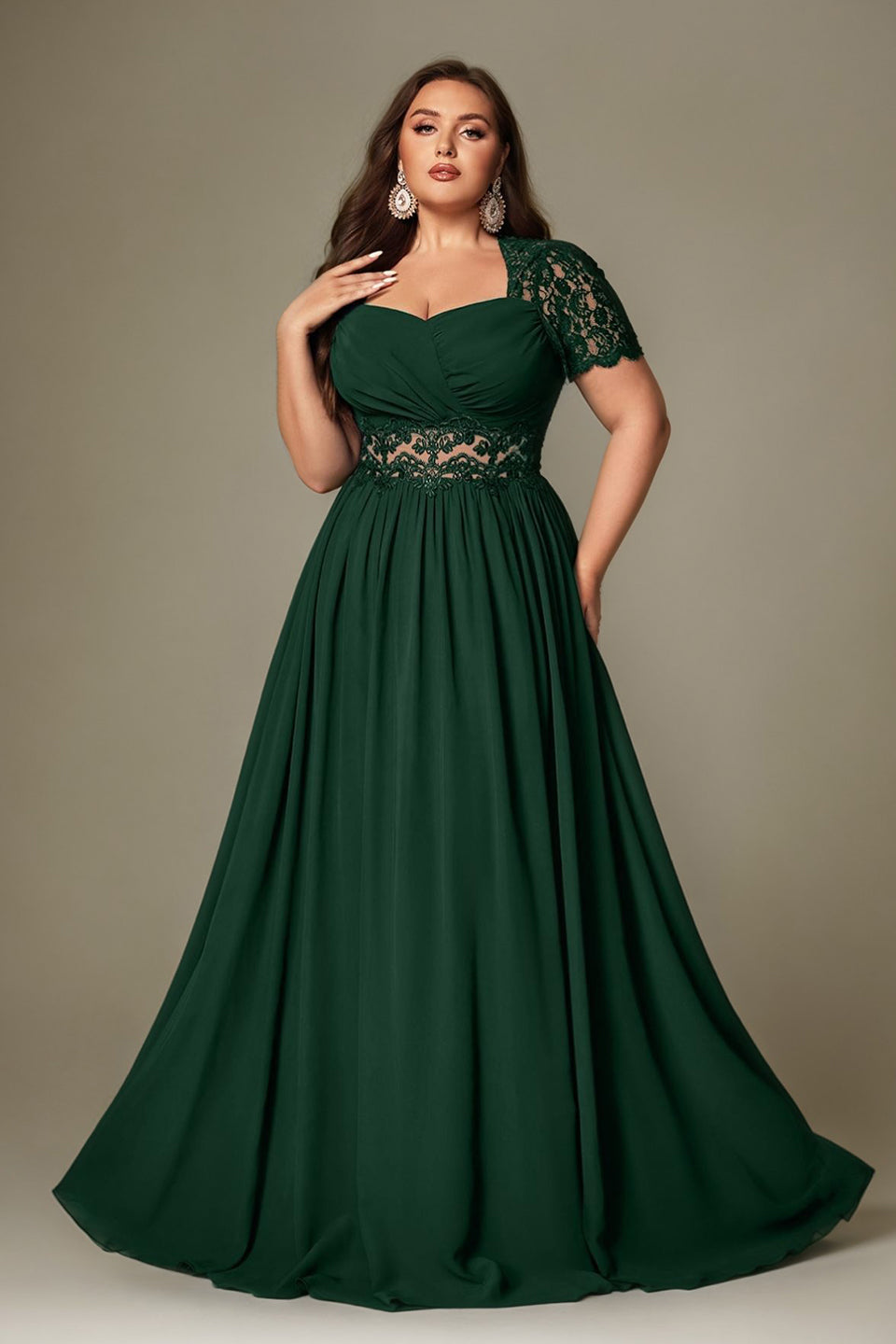 Curveins Plus Size Strapless Embroidered Short Sleeve Waist Cinch A-Line Maxi Dress