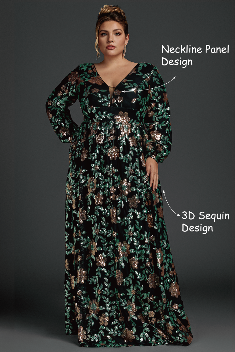 Curveins Plus Size V-Neck Sequin Lantern Sleeve Maxi Dress
