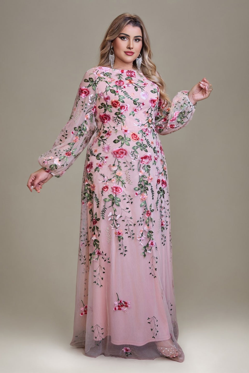 Curveins Plus Size Elegant Round Neck Long Sleeve Mesh Embroidery Maxi Dress
