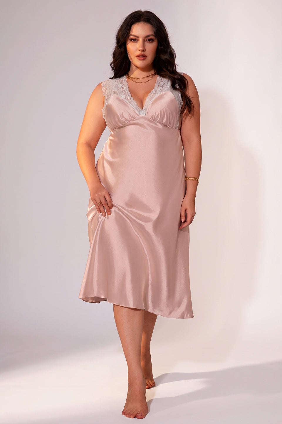 Curveins Plus Size Satin Lace Patchwork Backless Spaghetti Strap Loose Fit Sleep Dress