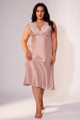 Curveins Plus Size Satin Lace Patchwork Backless Spaghetti Strap Loose Fit Sleep Dress