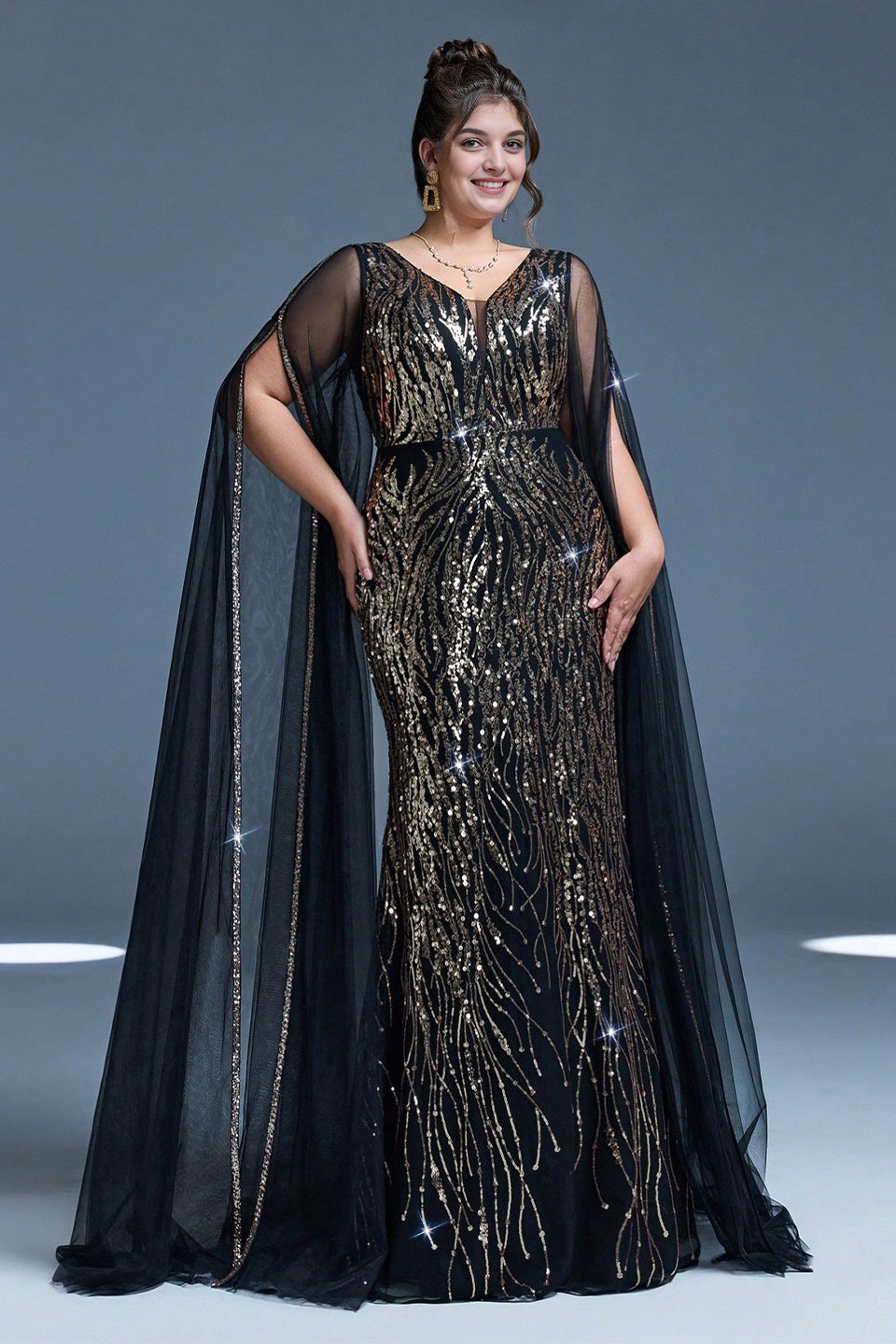 Curveins Plus Size V-Neck Sequin Maxi Dress with Cape Sleeves
