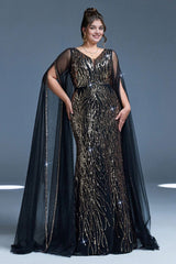 Curveins Plus Size V-Neck Sequin Maxi Dress with Cape Sleeves