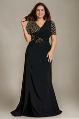 Curveins Elegant Plus Size Spliced V-Neck Floral Waistline Long Dress