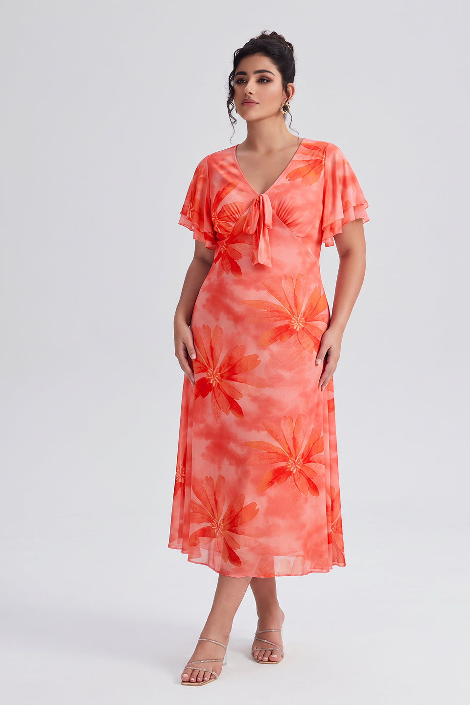 Curveins Plus Size V Neck Batwing Sleeve Flowy Elegant Midi Dress