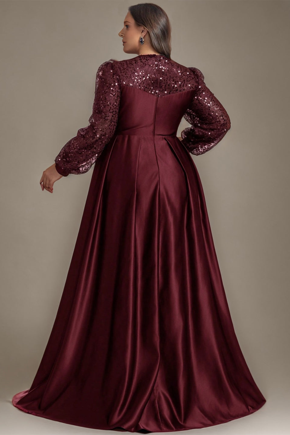 Curveins Plus Size Luxury Satin-Cape V-Neck Sequin Panel Long Sleeve Maxi Dress