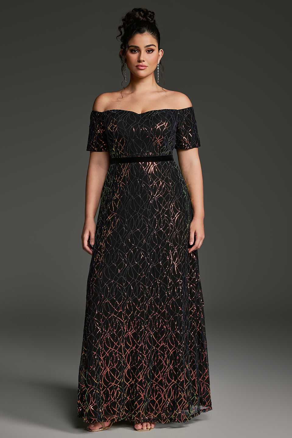 Curveins Plus Size Off-Shoulder Waist Cinched Striped Sequin Maxi Evening Dress