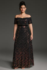 Curveins Plus Size Off-Shoulder Waist Cinched Striped Sequin Maxi Evening Dress