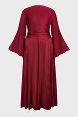 Curveins Plus Size Solid Color Long Sleeve V Neck Ruched Waist Elegant Maxi Dress