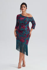 Curveins Plus Size Floral Print Tassel Velvet Midi Dress